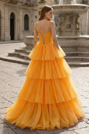 Hot Pink Ball Gown Tiered Tulle Long Prom Dress - KissProm