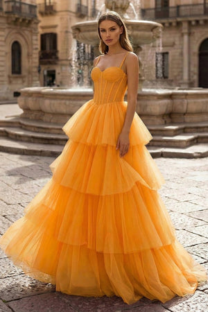 Hot Pink Ball Gown Tiered Tulle Long Prom Dress - KissProm