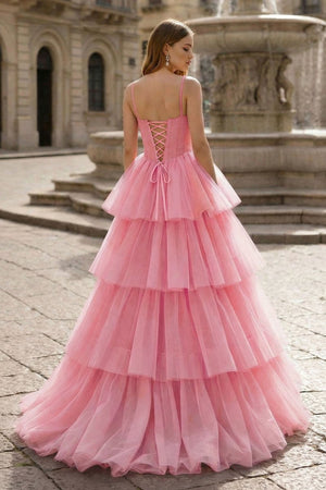 Hot Pink Ball Gown Tiered Tulle Long Prom Dress - KissProm