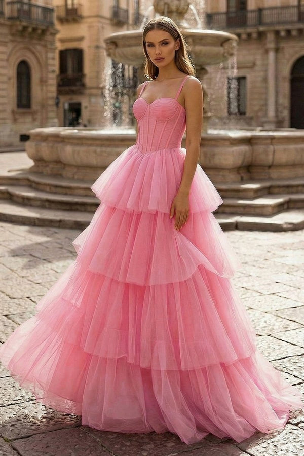 Hot Pink Ball Gown Tiered Tulle Long Prom Dress - KissProm