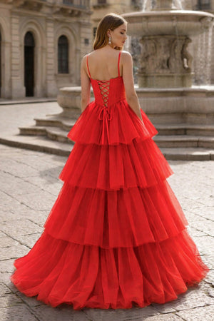 Hot Pink Ball Gown Tiered Tulle Long Prom Dress - KissProm