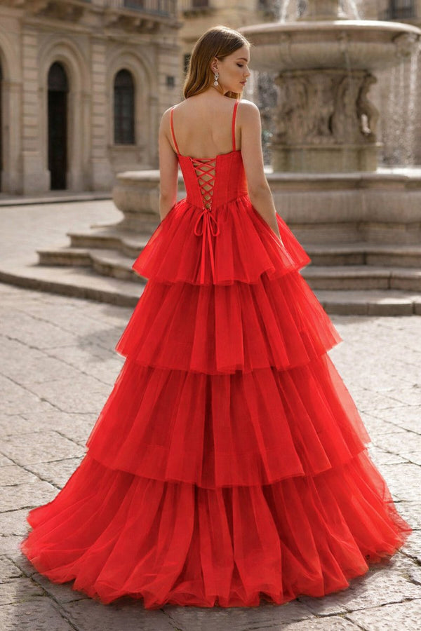 Hot Pink Ball Gown Tiered Tulle Long Prom Dress - KissProm