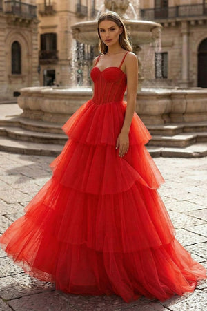 Hot Pink Ball Gown Tiered Tulle Long Prom Dress - KissProm