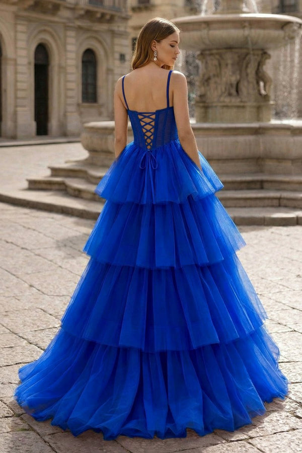 Hot Pink Ball Gown Tiered Tulle Long Prom Dress - KissProm
