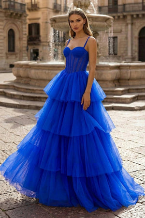 Hot Pink Ball Gown Tiered Tulle Long Prom Dress - KissProm