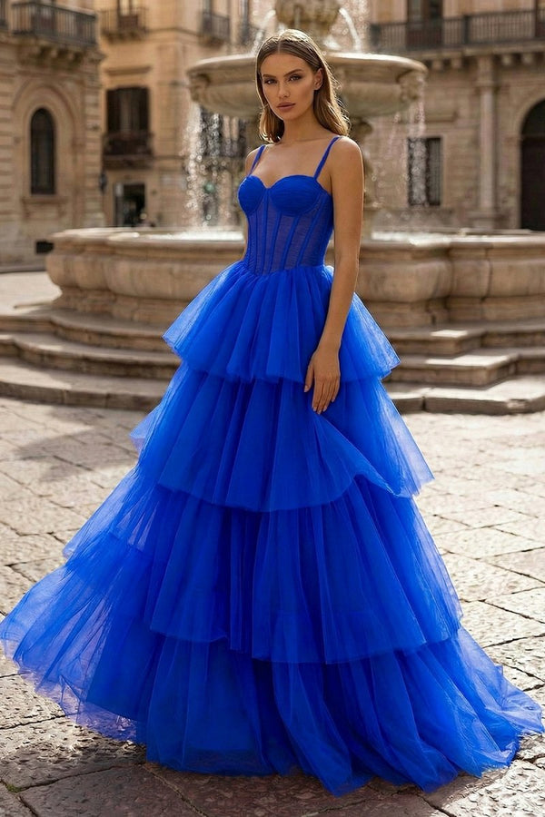 Hot Pink Ball Gown Tiered Tulle Long Prom Dress - KissProm