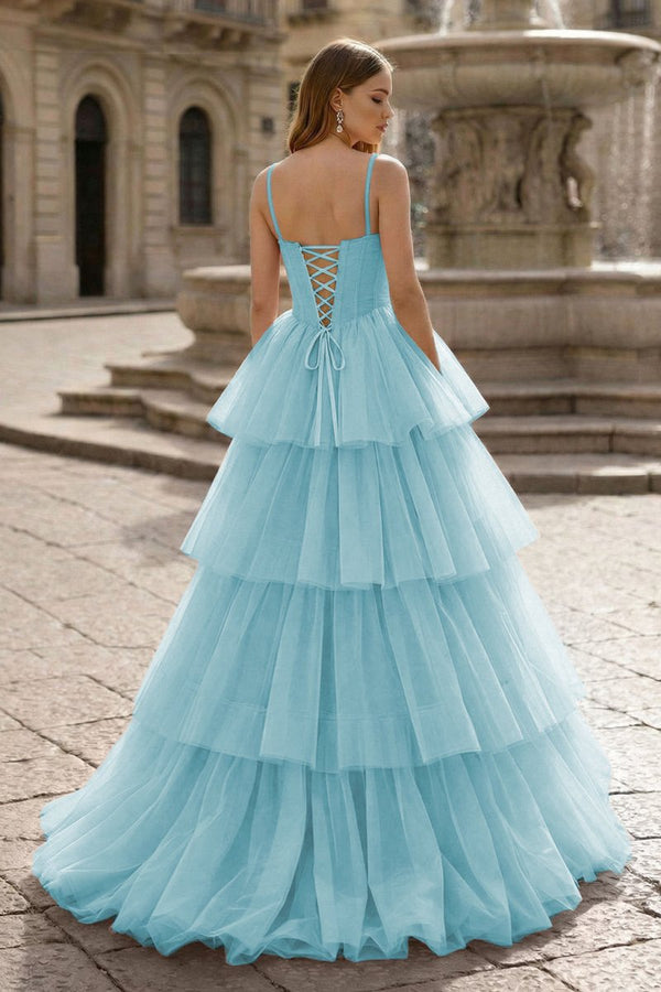 Hot Pink Ball Gown Tiered Tulle Long Prom Dress - KissProm