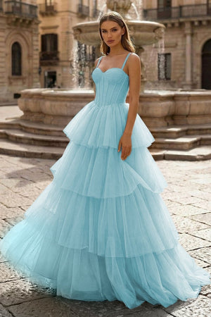 Hot Pink Ball Gown Tiered Tulle Long Prom Dress - KissProm