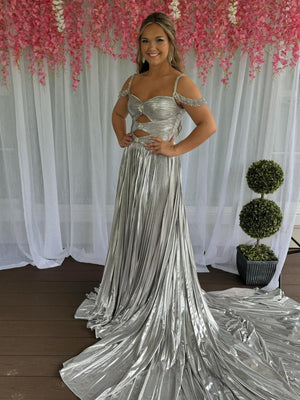 Lulu | Off the Shoulder Silver A-Line Metallic Pleated Long Formal Gown -KissProm