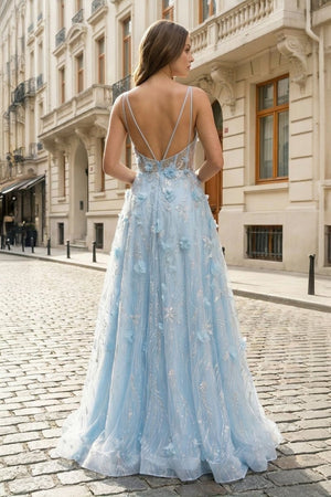 Light Blue 3D Flower Lace Spaghetti Straps A - Line Long Prom Dress - KissProm