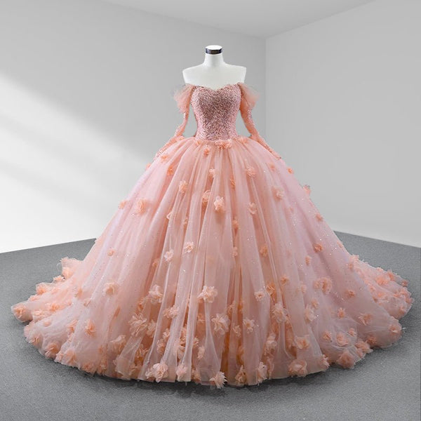 Blush Ball Gown Long Sleeves Off The Shoulder Quinceanera Dresses