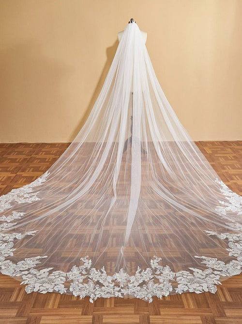 Luxury Floral Lace Cathedral Train Veil Bridal Veil Wedding Veil - KissProm