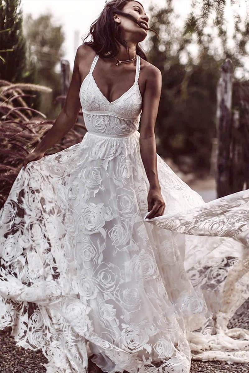 Luxury Lace Chic Halter A-Line Bohemian Wedding Dress with Slit Bridal Gowns – Wedding Dresses by KissProm | Available at KissProm