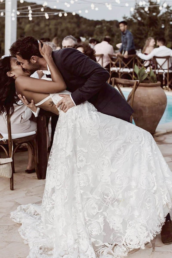 Luxury Lace Chic Halter A-Line Bohemian Wedding Dress with Slit Bridal Gowns – Wedding Dresses by KissProm | Available at KissProm