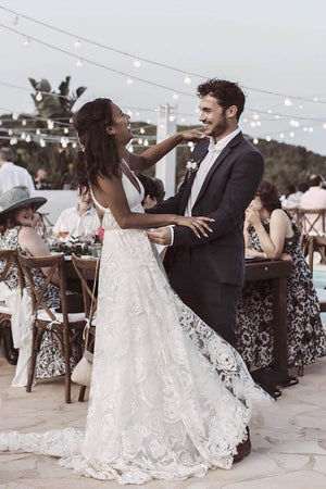 Luxury Lace Chic Halter A-Line Bohemian Wedding Dress with Slit Bridal Gowns – Wedding Dresses by KissProm | Available at KissProm