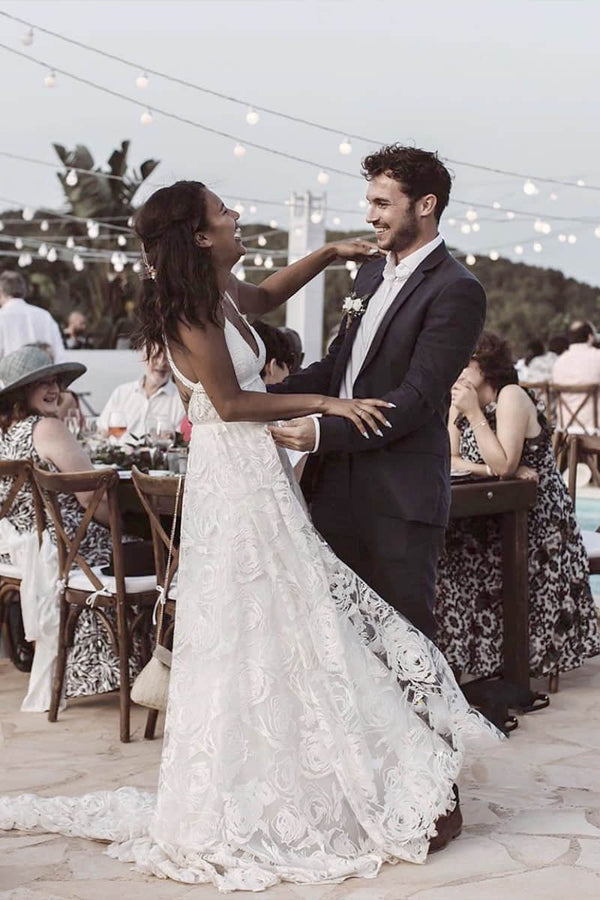 Luxury Lace Chic Halter A-Line Bohemian Wedding Dress with Slit Bridal Gowns – Wedding Dresses by KissProm | Available at KissProm