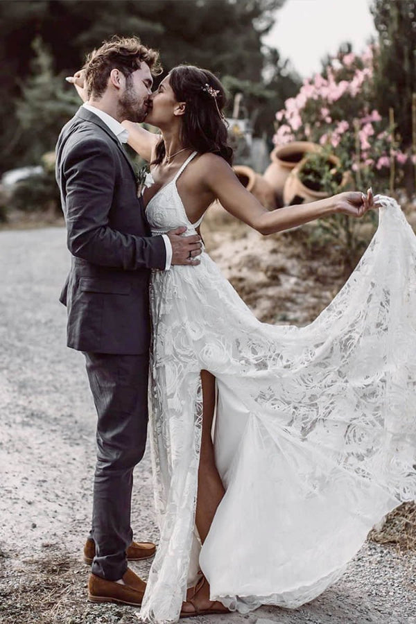 Luxury Lace Chic Halter A-Line Bohemian Wedding Dress with Slit Bridal Gowns – Wedding Dresses by KissProm | Available at KissProm