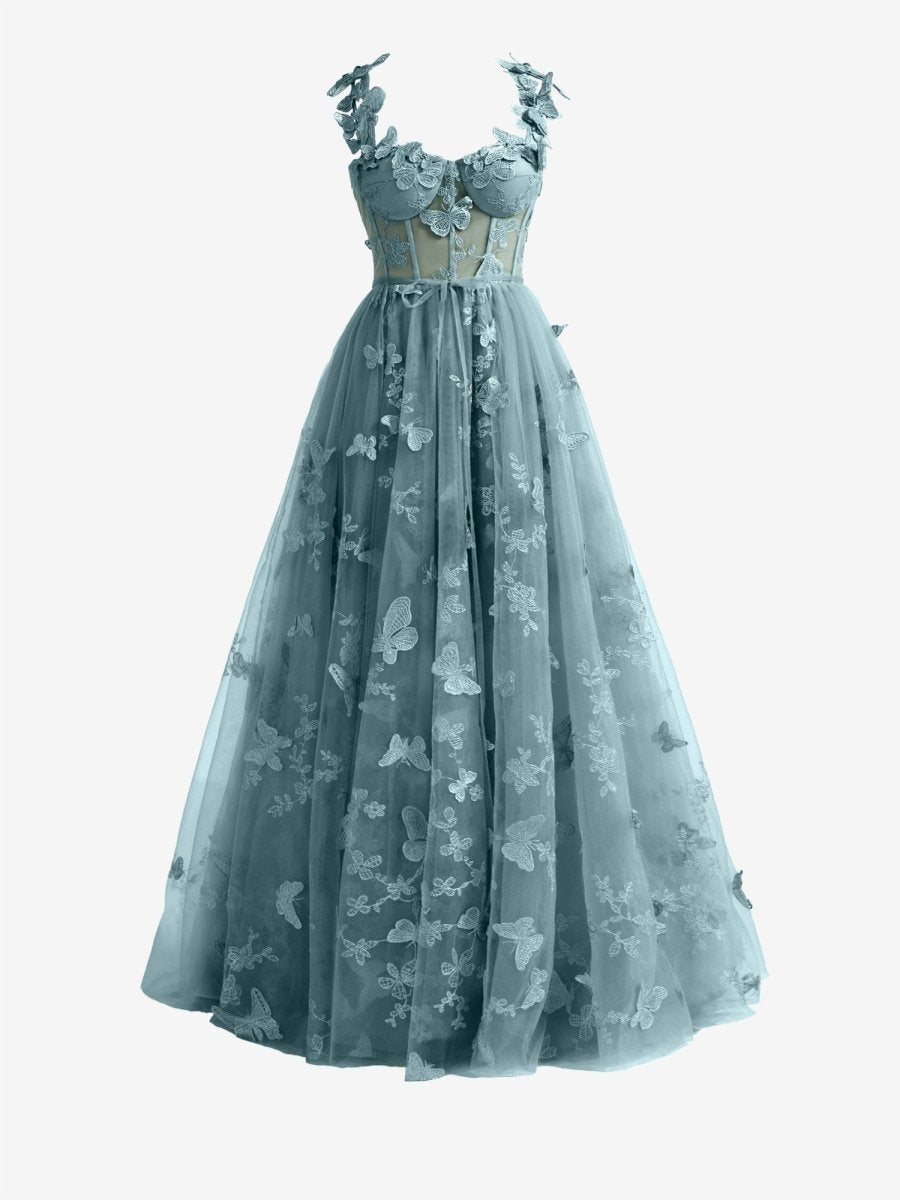 Dusty Blue A-line Butterfly Lace Lilac Corset Prom Dress with Slit – Prom Dress by KissProm | Available at KissProm