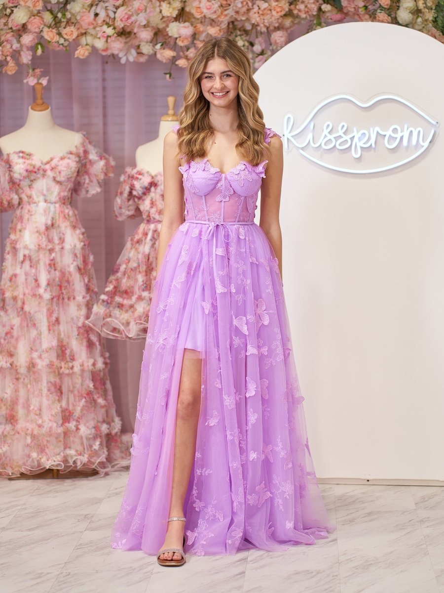 Lilac A-line Butterfly Lace Lilac Corset Prom Dress with Slit – Prom Dress by KissProm | Available at KissProm