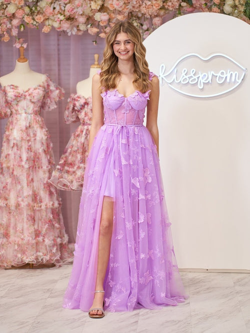 Lilac A-line Butterfly Lace Lilac Corset Prom Dress with Slit – Prom Dress by KissProm | Available at KissProm