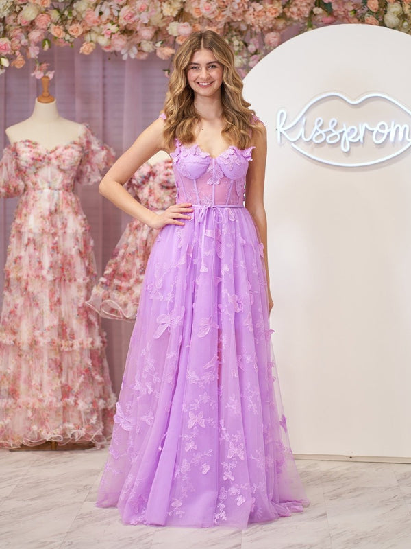 Lilac A-line Butterfly Lace Lilac Corset Prom Dress with Slit – Prom Dress by KissProm | Available at KissProm