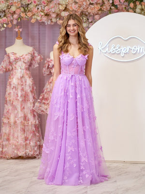Lilac A-line Butterfly Lace Lilac Corset Prom Dress with Slit – Prom Dress by KissProm | Available at KissProm