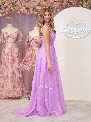 Lilac A-line Butterfly Lace Lilac Corset Prom Dress with Slit – Prom Dress by KissProm | Available at KissProm