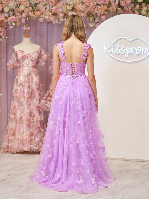 Lilac A-line Butterfly Lace Lilac Corset Prom Dress with Slit – Prom Dress by KissProm | Available at KissProm