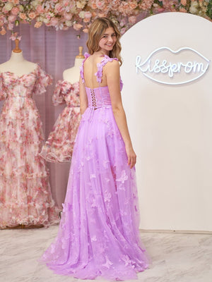 Lilac A-line Butterfly Lace Lilac Corset Prom Dress with Slit – Prom Dress by KissProm | Available at KissProm