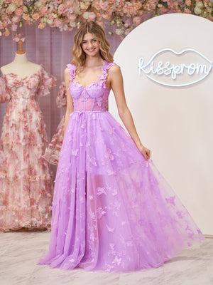 Lilac A-line Butterfly Lace Lilac Corset Prom Dress with Slit – Prom Dress by KissProm | Available at KissProm