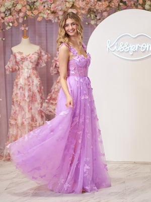 Lilac A-line Butterfly Lace Lilac Corset Prom Dress with Slit – Prom Dress by KissProm | Available at KissProm