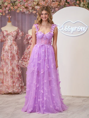 Lilac A-line Butterfly Lace Lilac Corset Prom Dress with Slit – Prom Dress by KissProm | Available at KissProm