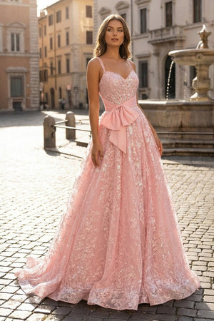Pink Spaghetti Straps A Line Sequined Lace Long Prom Dresses With Bow - KissProm