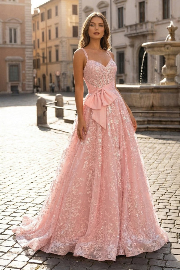 Pink Spaghetti Straps A Line Sequined Lace Long Prom Dresses With Bow - KissProm