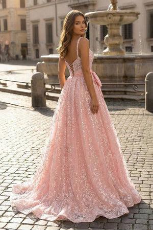 Pink Spaghetti Straps A Line Sequined Lace Long Prom Dresses With Bow - KissProm