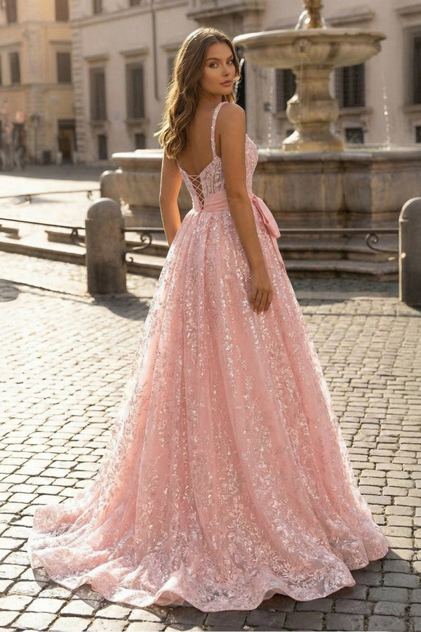 Pink Spaghetti Straps A Line Sequined Lace Long Prom Dresses With Bow - KissProm