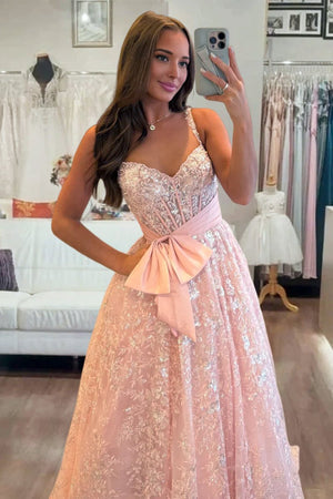 Madilyn | Pink - Sweetheart A Line Sequined Lace Long Prom Dresses With Bow - KissProm