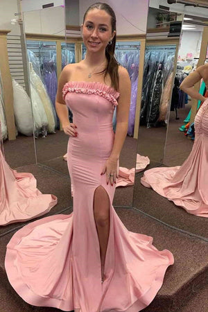 Madona | Pink Mermaid Ruffles Strapless Mermaid Long Prom Dresses with Slit - KissProm
