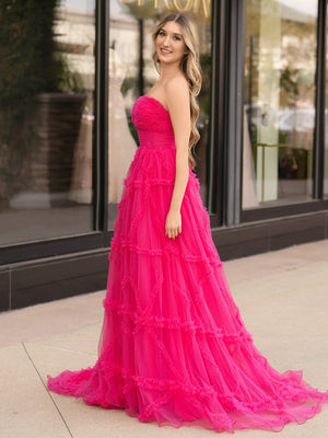 A-Line Strapless Ruffles Long Formal Dress with Puff Sleeves – Prom Dress by KissProm | Available at KissProm