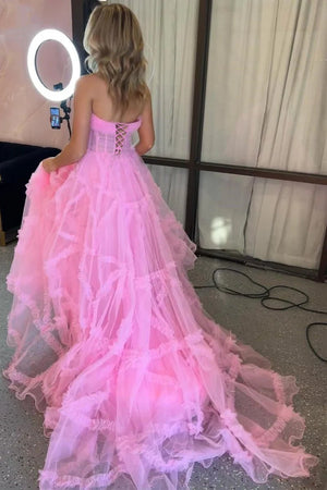 A-Line Strapless Ruffles Long Formal Dress with Puff Sleeves – Prom Dress by KissProm | Available at KissProm