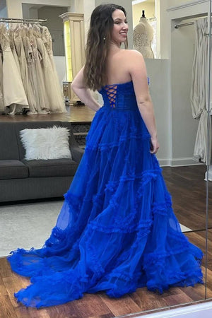 A-Line Strapless Ruffles Long Formal Dress with Puff Sleeves – Prom Dress by KissProm | Available at KissProm