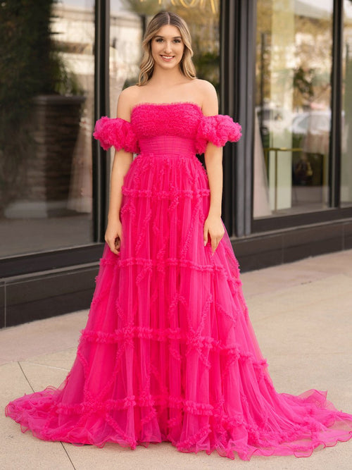 A-Line Strapless Ruffles Long Formal Dress with Puff Sleeves – Prom Dress by KissProm | Available at KissProm