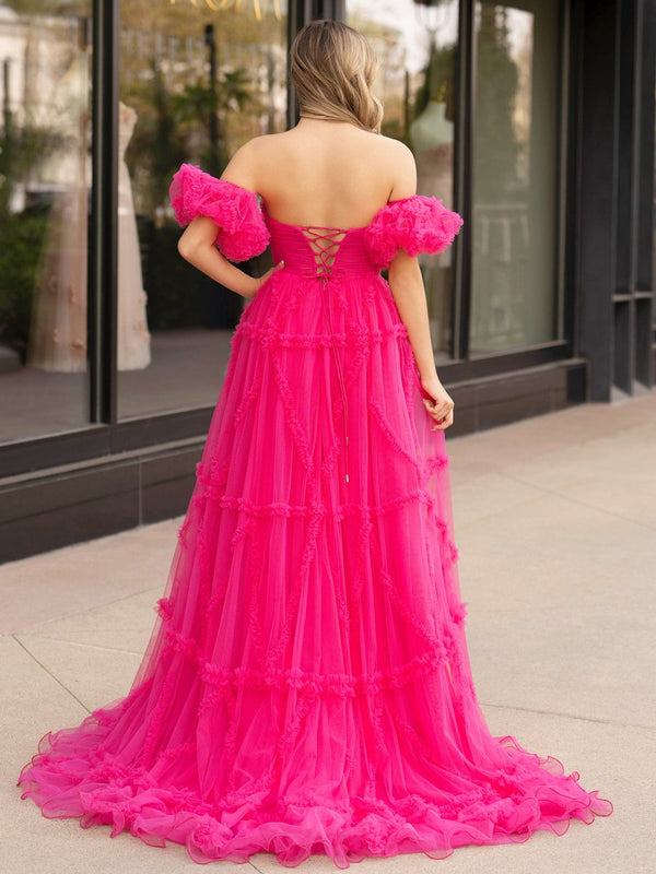 A-Line Strapless Ruffles Long Formal Dress with Puff Sleeves – Prom Dress by KissProm | Available at KissProm