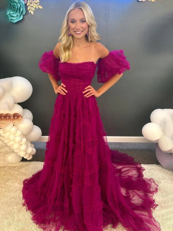 A-Line Strapless Ruffles Long Formal Dress with Puff Sleeves – Prom Dress by KissProm | Available at KissProm