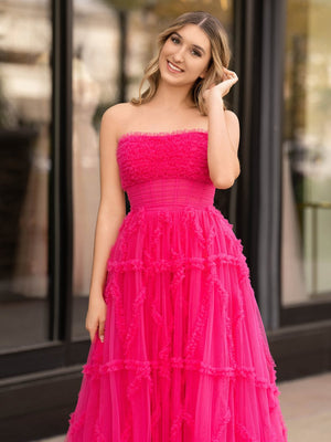 A-Line Strapless Ruffles Long Formal Dress with Puff Sleeves – Prom Dress by KissProm | Available at KissProm