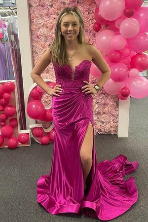 Mandel|Red One - Shoulder 3D Floral Lace Pleated Long Gown with Slit - KissProm