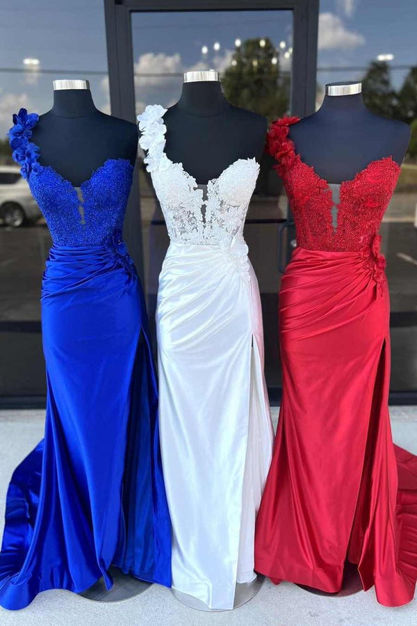 Mandel|Red One - Shoulder 3D Floral Lace Pleated Long Gown with Slit - KissProm