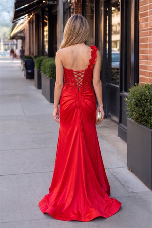 Red One-Shoulder 3D Floral Lace Pleated Long Gown with Slit