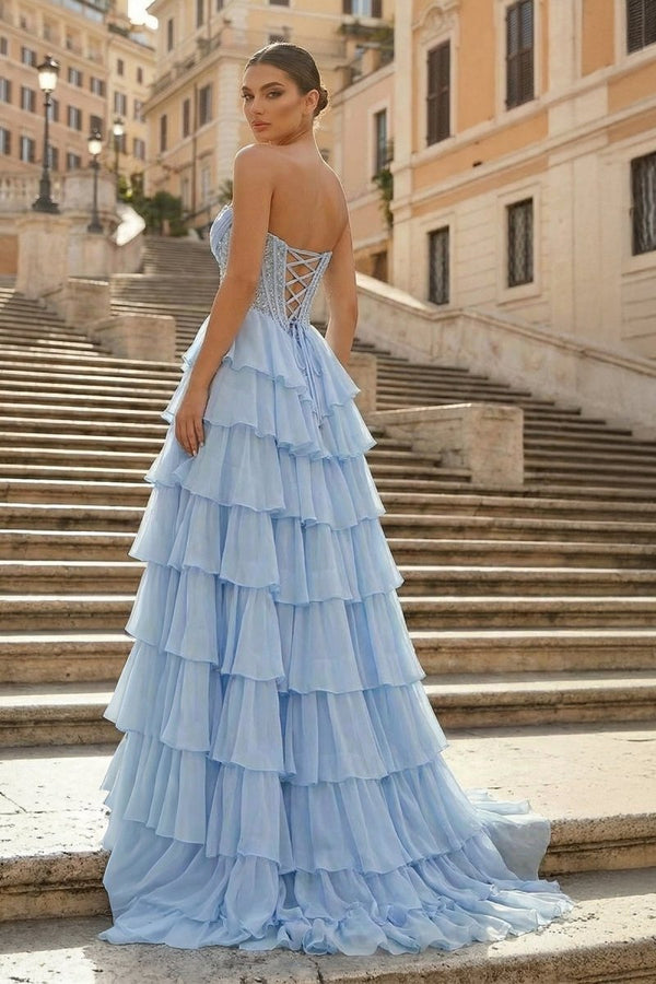 Sky Blue Sweetheart A Line Chiffon Ruffled Long Formal Prom Dresses With Sequins - KissProm