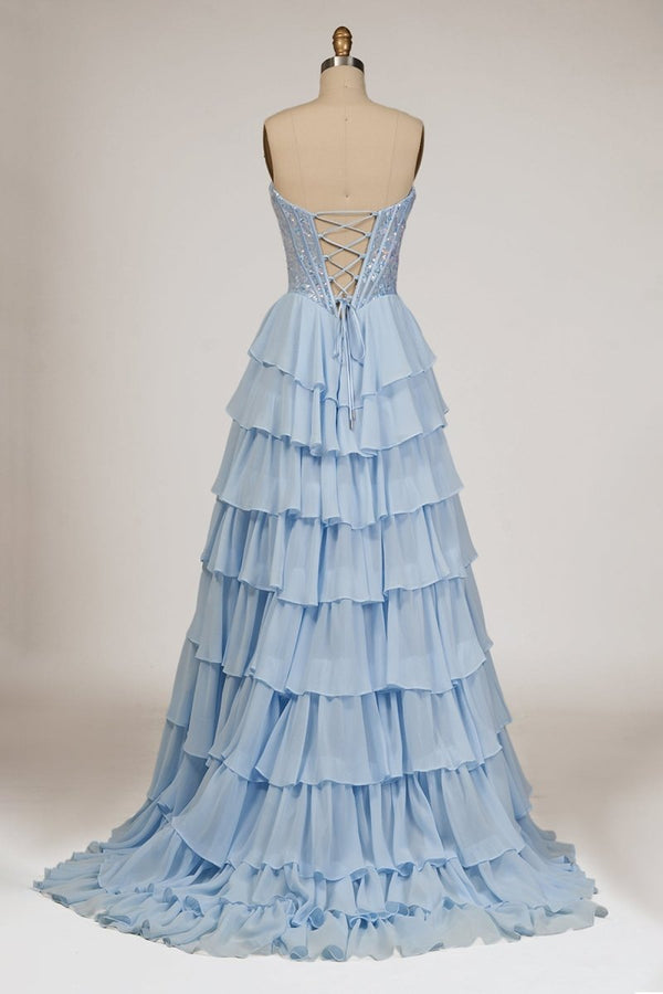Maravelle | Sky Blue - Strapless A Line Chiffon Ruffled Long Formal Prom Dresses With Sequins - KissProm